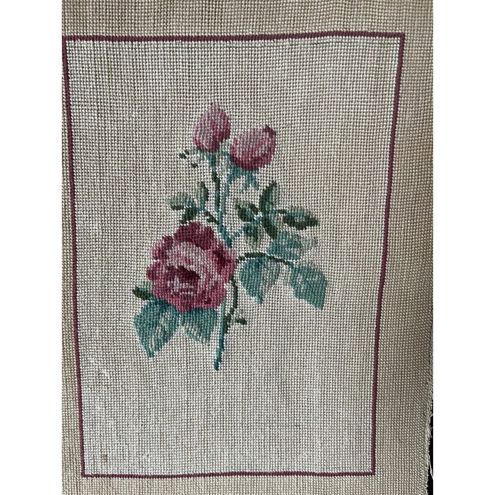 Vintage Needlepoint Rose Floral Canvas Handmade Cottagecore Grandmillennial - Picture 2 of 7